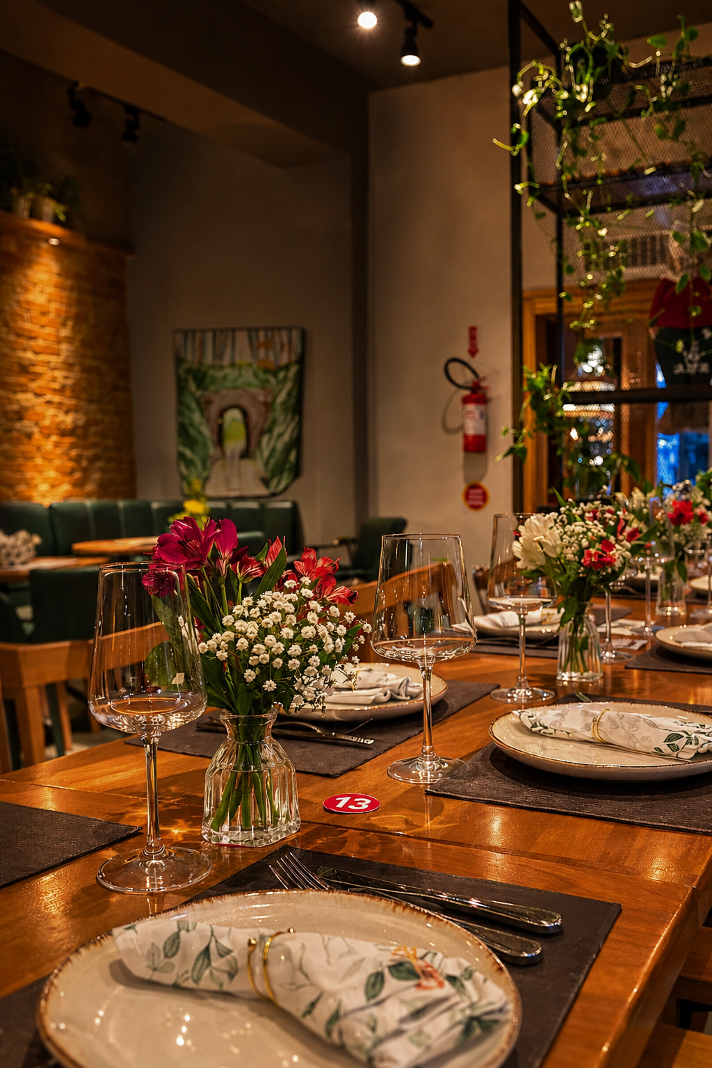 Mesa posta com flores e taças no salão íntimo