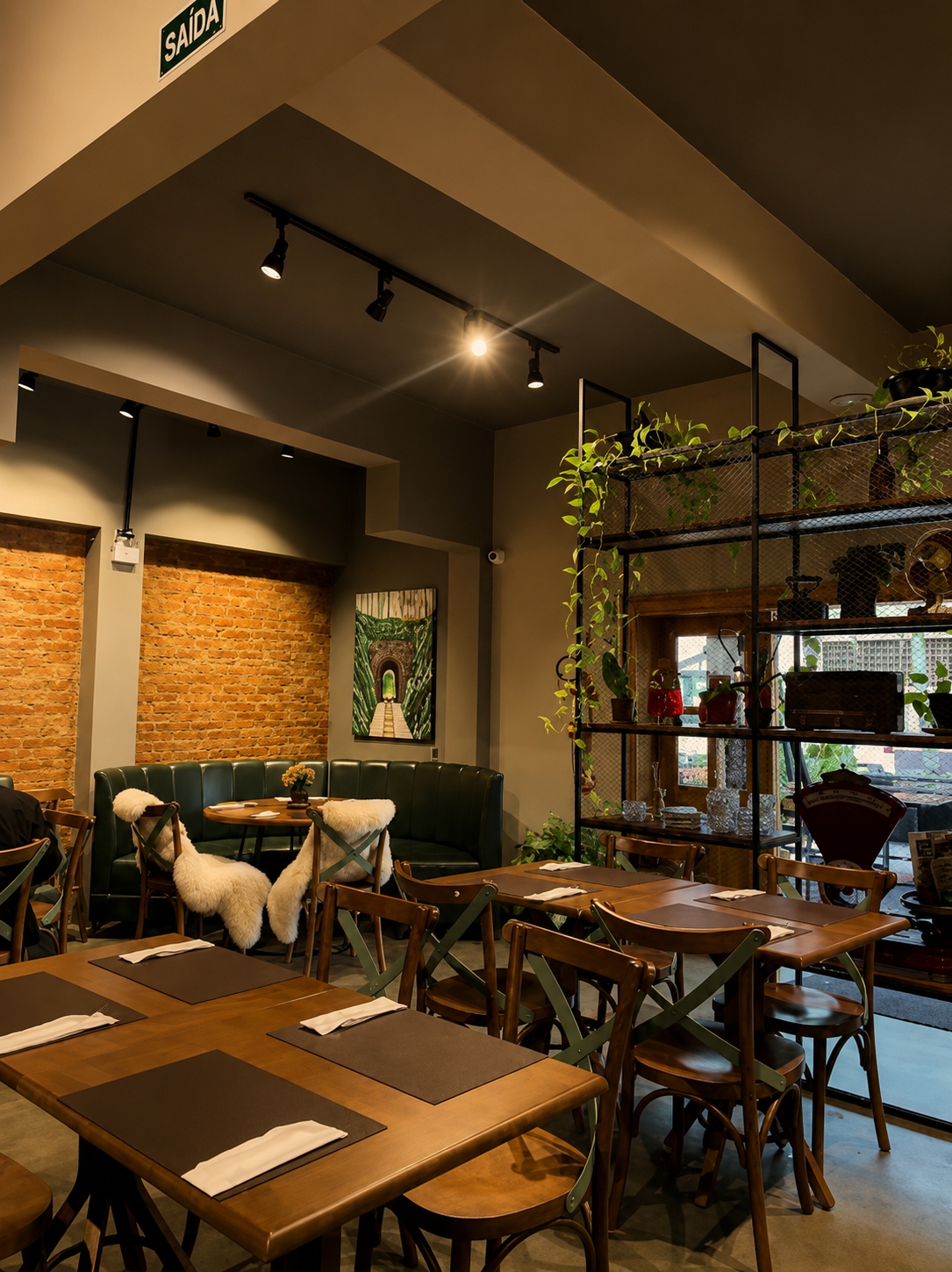 Ambiente rústico com parede de tijolos e decoração
